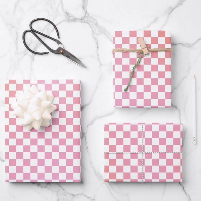Cute Chequered Pink Orange Summer Wrapping Paper Sheet (Front)