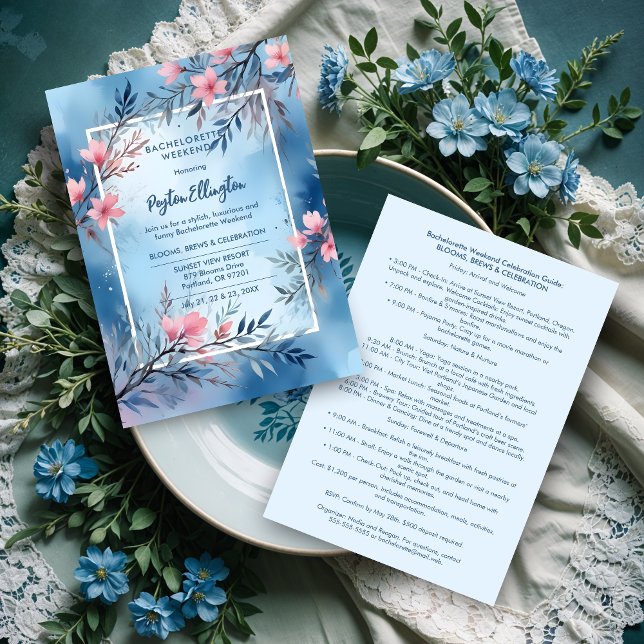 Cute Cherished Blue Pink Shades Blooms & Branches  Invitation (Cute Cherish Blue & Pink Shades Blooms & Branches Bachelorette Weekend Invitations Cards. )