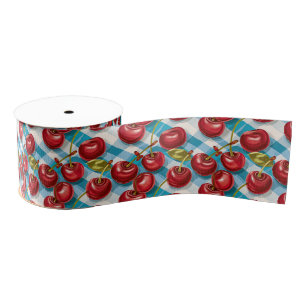 Cute Cherries and Blue Plaid Pattern Grosgrain Ribbon