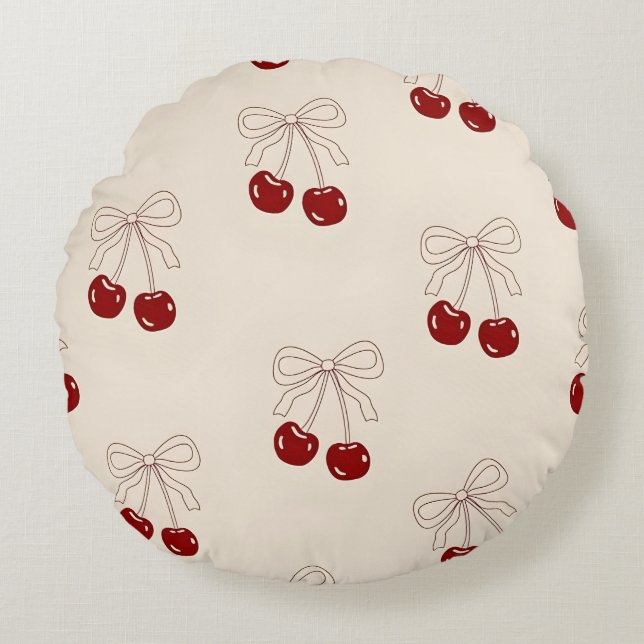 Cute Cherries & Bow Round Pillow – Girly Aesthetic (Front)