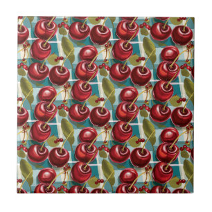 Cute Cherries Chequered Plaid Pattern  Tile