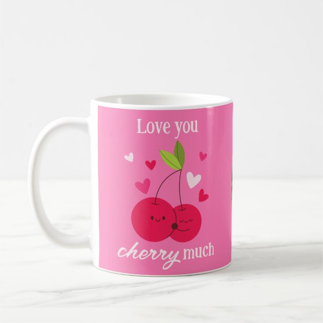 Cute Cherries Love Hearts Photo Valentines Pink Coffee Mug (Left)
