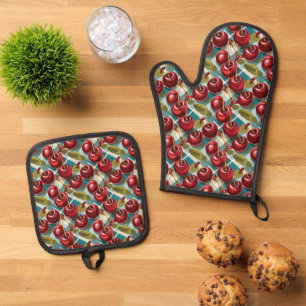 Cute Cherry and Blue Checkered Plaid Pattern  Oven Mitt & Pot Holder Set