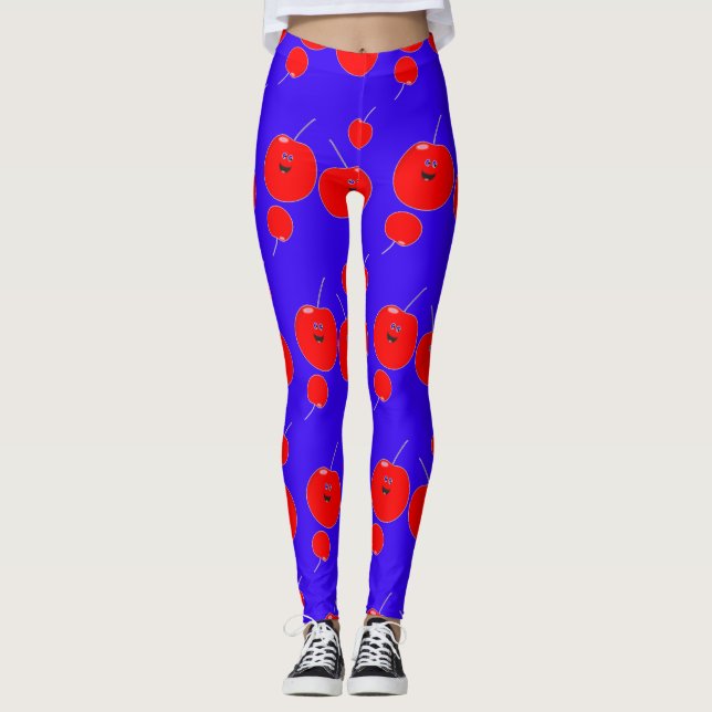 Cute Cherry And Blue Pattern Leggings (Front)