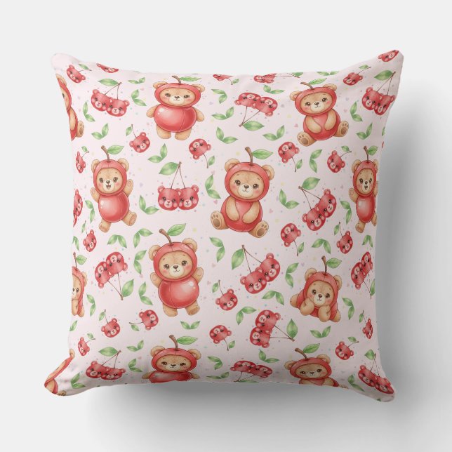 Cute Cherry Bear and Fruit Seamless Pattern Cushion (Front)