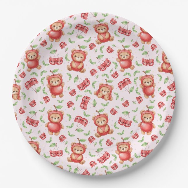 Cute Cherry Bear and Fruit Seamless Pattern Paper Plate (Front)