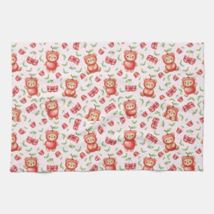 Cute Cherry Bear and Fruit Seamless Pattern Tea Towel