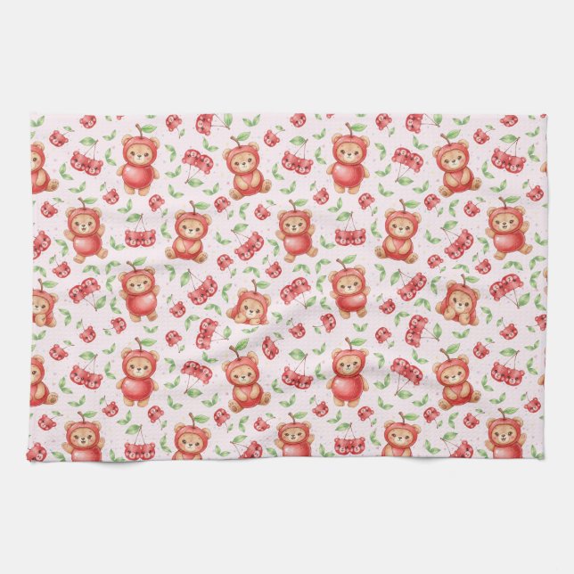 Cute Cherry Bear and Fruit Seamless Pattern Tea Towel (Horizontal)