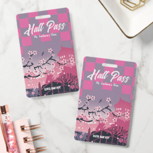 Cute Cherry Blossom Hall Pass Customizable Checker ID Badge