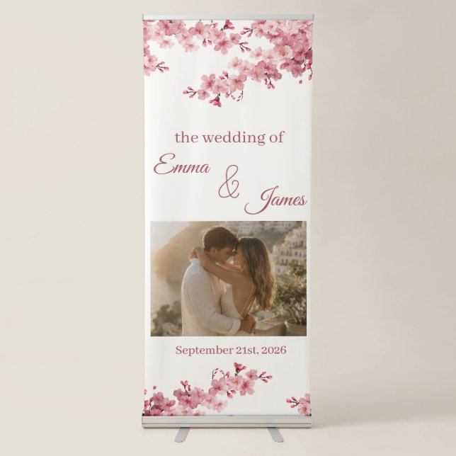 Cute Cherry blossom Photo Wedding Welcome Banner (Front)