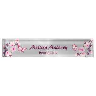 Cute Cherry Blossoms And Butterflies Pink Silver Nameplate