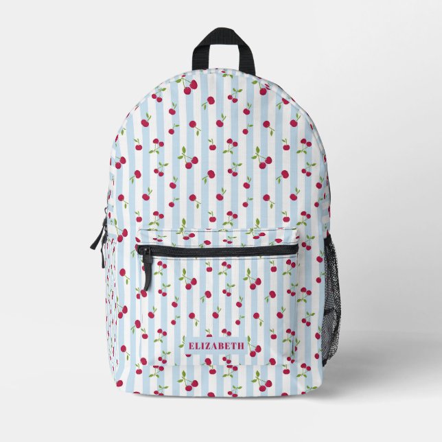 Cute Cherry Blue Stripes Retro Personalised Printed Backpack (Front)