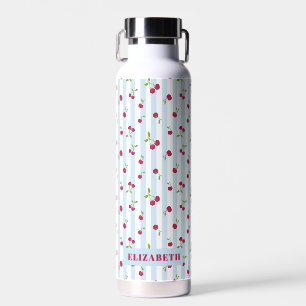Cute Cherry Blue Stripes Retro Personalised Water Bottle