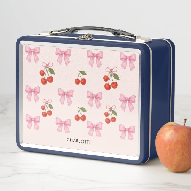 Cute Cherry Bow Coquette Monogram Metal Lunch Box (In Situ)