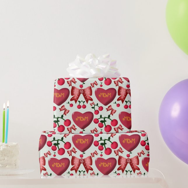 Cute Cherry Bow Mum Pattern Mother's Day Aesthetic Wrapping Paper (Party Gifts)