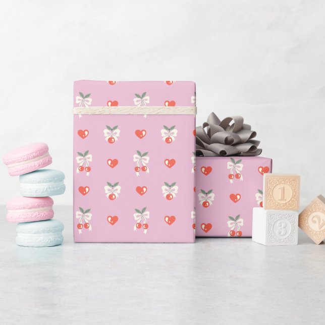 Cute Cherry & Bow Print Wrapping Paper Roll (Baby Shower)