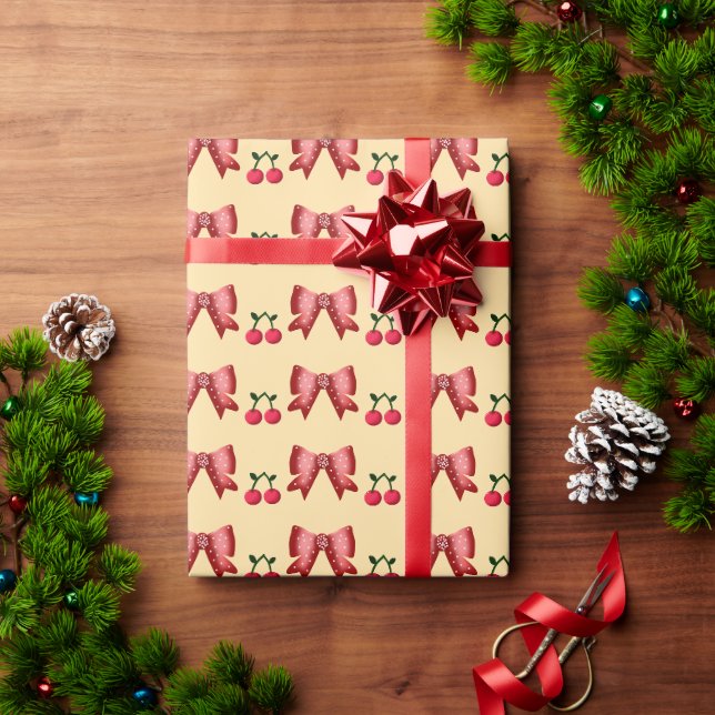 Cute Cherry Bow Seamless Pattern Pink Aesthetic Ka Wrapping Paper (Holiday Gift)