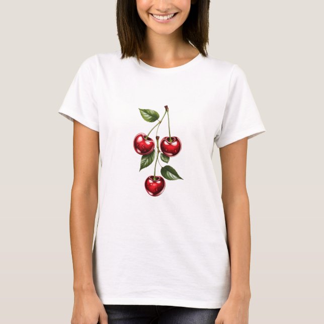 Cute Cherry Branch T-Shirt Design, Fresh Red Fruit (Front)