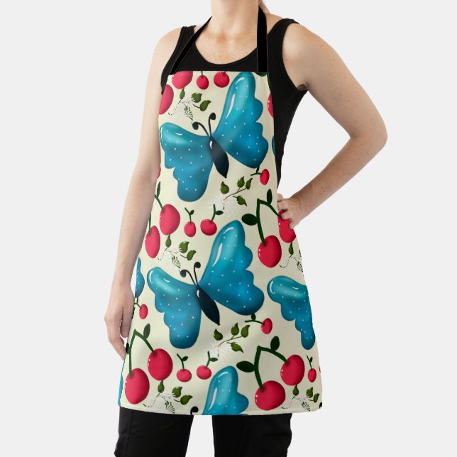 Cute Cherry Butterfly Pattern, Glossy Kawaii Fruit Apron (Insitu)