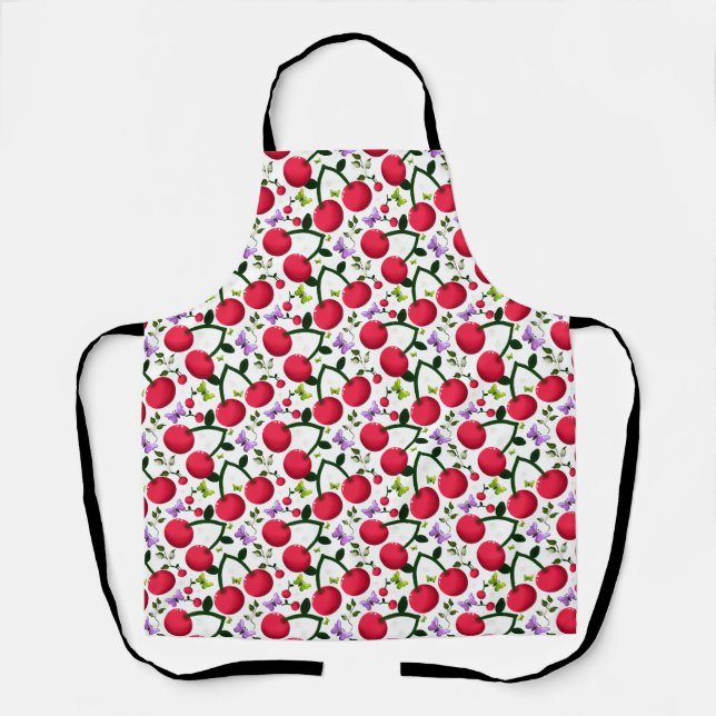 Cute Cherry Butterfly Pattern, Glossy Kawaii Fruit Apron (Front)