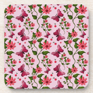 Cute Cherry Butterfly Pattern, Glossy Kawaii Fruit Coaster