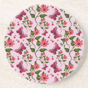 Cute Cherry Butterfly Pattern, Glossy Kawaii Fruit Coaster
