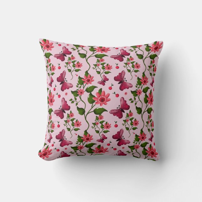 Cute Cherry Butterfly Pattern, Glossy Kawaii Fruit Cushion (Front)