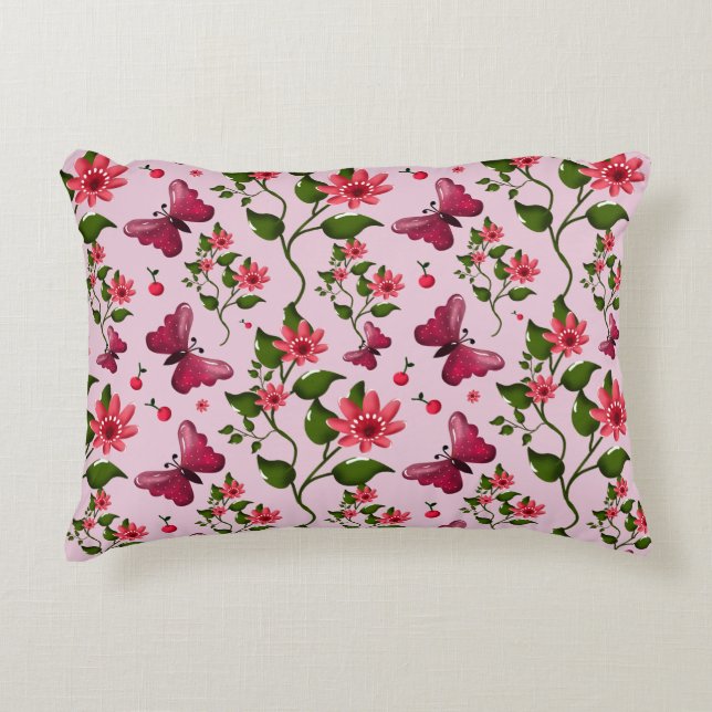 Cute Cherry Butterfly Pattern, Glossy Kawaii Fruit Decorative Cushion (Front)