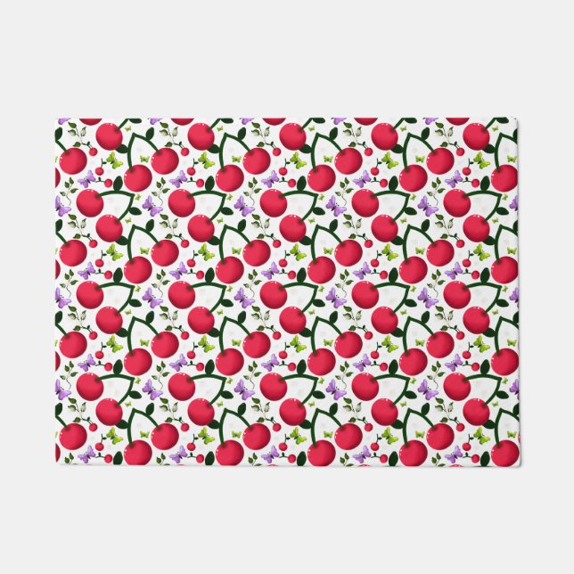 Cute Cherry Butterfly Pattern, Glossy Kawaii Fruit Doormat (Front)