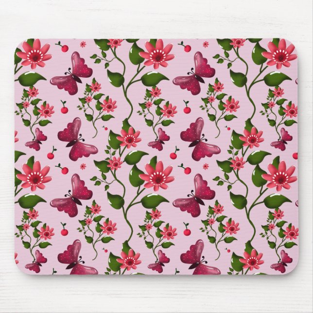 Cute Cherry Butterfly Pattern, Glossy Kawaii Fruit Mouse Mat (Front)