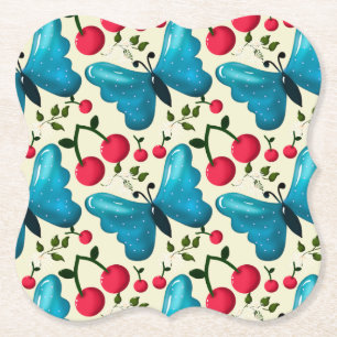 Cute Cherry Butterfly Pattern, Glossy Kawaii Fruit Paper Coaster