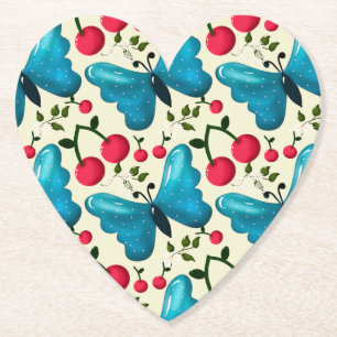 Cute Cherry Butterfly Pattern, Glossy Kawaii Fruit Paper Coaster