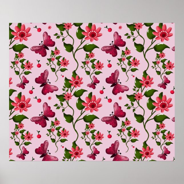 Cute Cherry Butterfly Pattern, Glossy Kawaii Fruit Poster (Front)