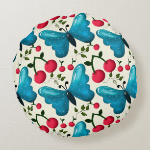 Cute Cherry Butterfly Pattern, Glossy Kawaii Fruit Round Cushion