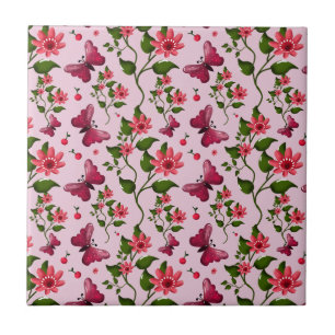 Cute Cherry Butterfly Pattern, Glossy Kawaii Fruit Tile