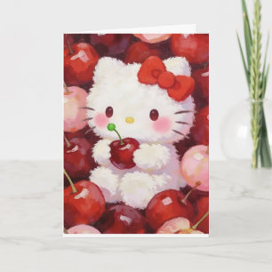 Cute Cherry Cat Aesthetic Pink & Red Kawaii Cherry Card