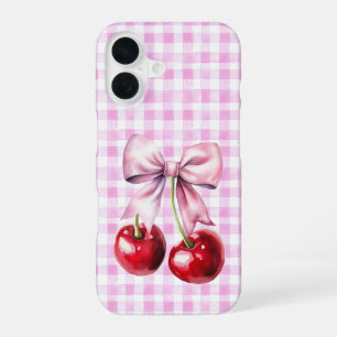Cute Cherry Coquette Bow Pink Gingham iPhone 16 Case