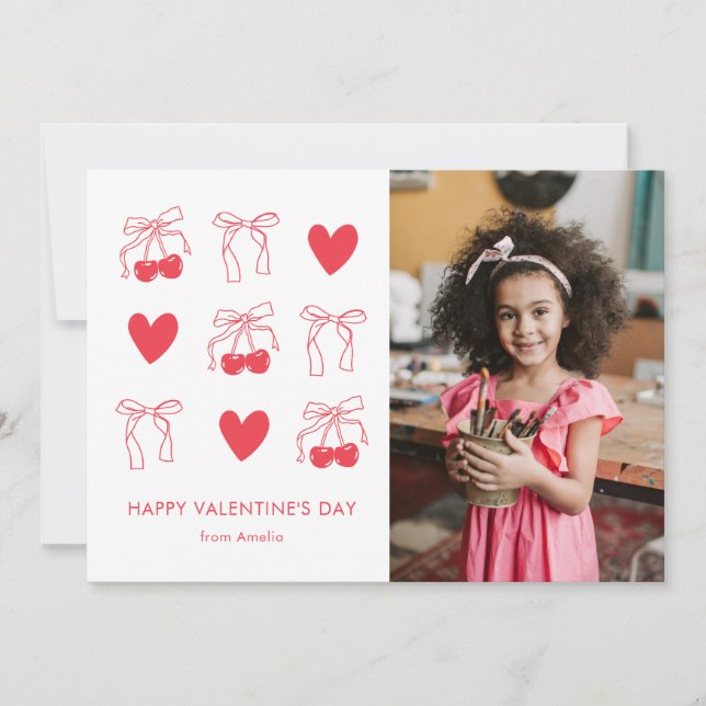 Cute Cherry Coquette Bow Red Valentine's Day Photo Holiday Card (Front)