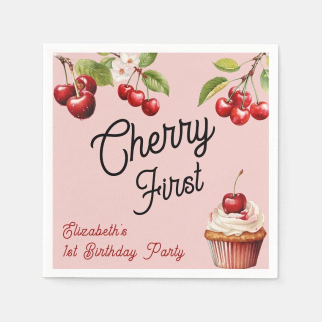 Cute Cherry First 1st Girly Birthday Pink Napkin (Front)
