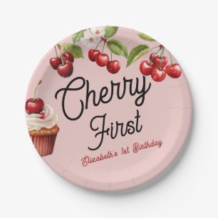 Cute Cherry First 1st Girly Birthday Pink Paper Plate