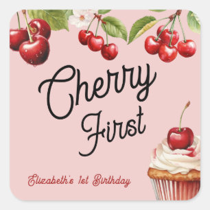 Cute Cherry First 1st Girly Birthday Pink Square Sticker