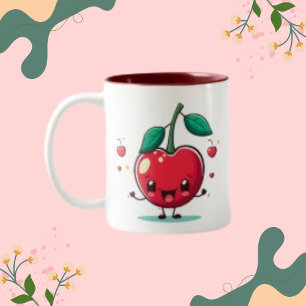 Cute Cherry Fruit Face, with Minimal Green Leaves Two-Tone Coffee Mug