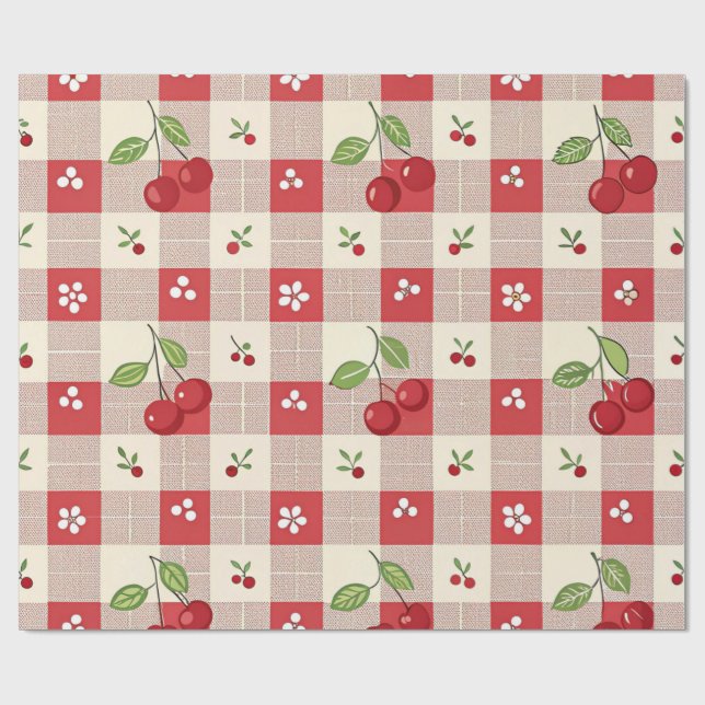 Cute Cherry Gingham Wrapping Paper (Flat)