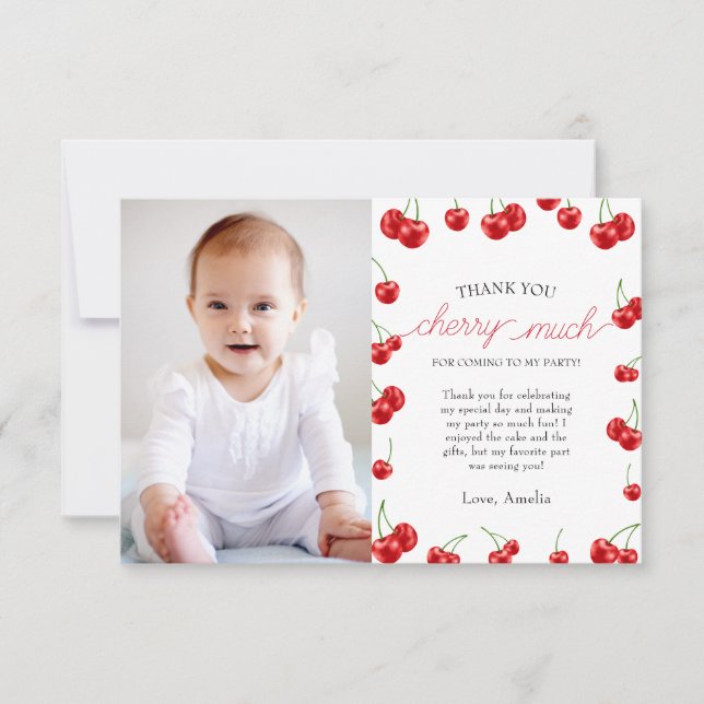 Cute Cherry Girl Berry First Birthday party photo Thank You Card (Front)