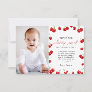 Cute Cherry Girl Berry First Birthday party photo Thank You Card