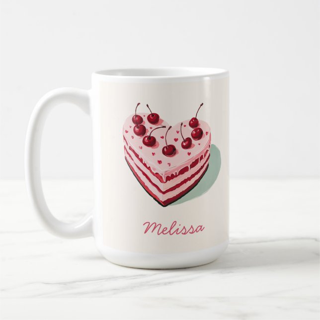 Cute Cherry Heart Cake Name Valentine's Day Coffee Mug (Left)