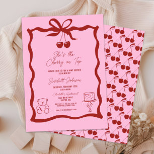 Cute Cherry on Top Pink and Red Baby Shower Invitation
