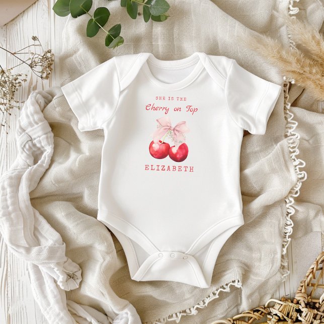 Cute Cherry On Top Pink Bow Baby Bodysuit (Cute She is the Cherry on Top Bodysuit)