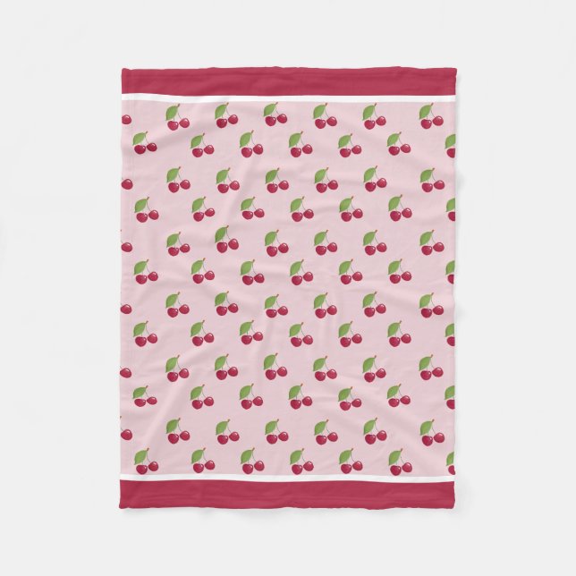 Cute Cherry Pattern Burgundy Stripes Fleece Blanket (Front)