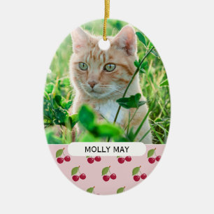 Cute Cherry Pattern Custom Cat Photo Personalised Ceramic Tree Decoration